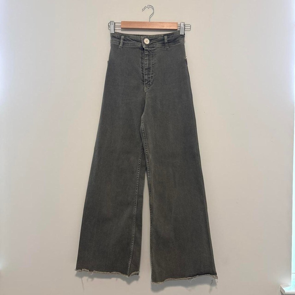Zara Marine Straight Wide Leg Jeans Grey Frayed Hem High Waist Denim Size 0